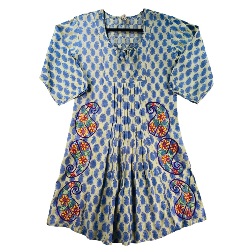 Lucky Uschi Blue Green Paisley Block Print Embroidered Boho Tunic Dress Small